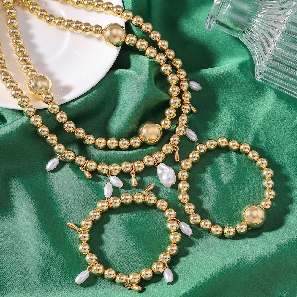 Aihua Gold Pearl Round Beaded Necklace Elegant Imitation Pearls Necklace Bracelet Woman's Brithday Party Jewelry Gifts Set
Aihua Gold Pearl Round Beaded Necklace Elegant Imitation Pearls Necklace Bracelet Woman's Brithday Party Jewelry Gifts Set