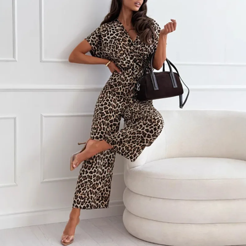 Casual High Waist Playsuit Overalls Vintage Leopard Print Short Sleeve V Neck Jumpsuits Spring Summer Office Formal Women Romper
Casual High Waist Playsuit Overalls Vintage Leopard Print Short Sleeve V Neck Jumpsuits Spring Summer Office Formal Women Romper