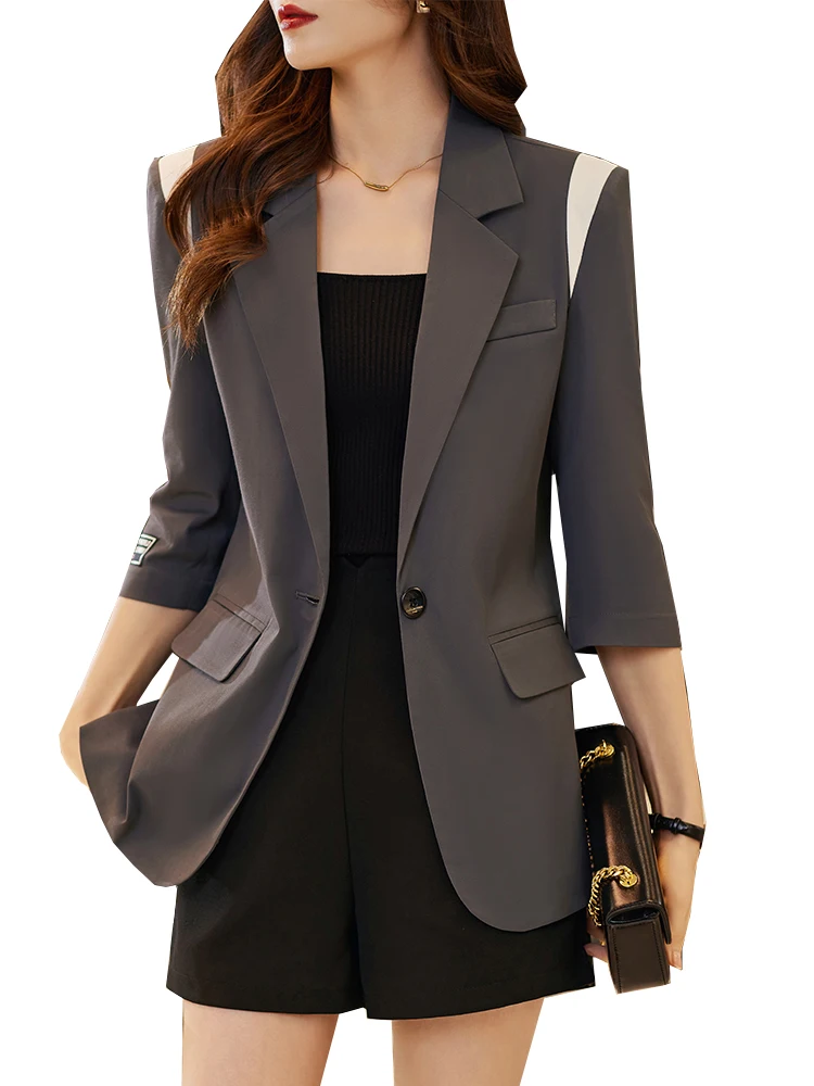 Single Button Blazer for Women Half Sleeve Business Work Wear Formal Jacket for Ladies Gray and Black Summer and Spring Fashion
Single Button Blazer for Women Half Sleeve Business Work Wear Formal Jacket for Ladies Gray and Black Summer and Spring Fashion