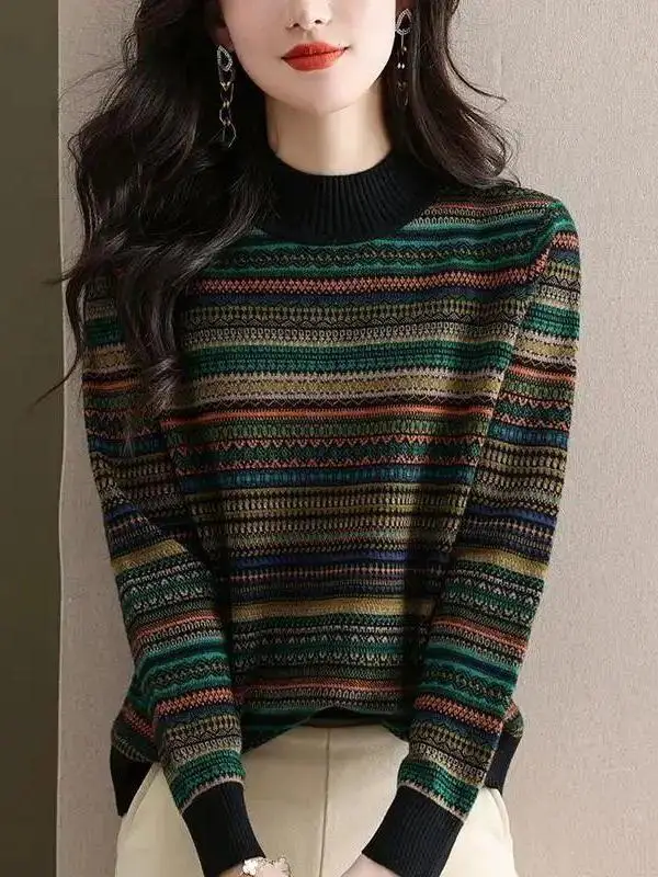 Retro Striped High Collar Long Sleeve Fashionable Base Shirt Women Versatile Autumn Winter New Style Warm Knitted Top Trendy
Retro Striped High Collar Long Sleeve Fashionable Base Shirt Women Versatile Autumn Winter New Style Warm Knitted Top Trendy