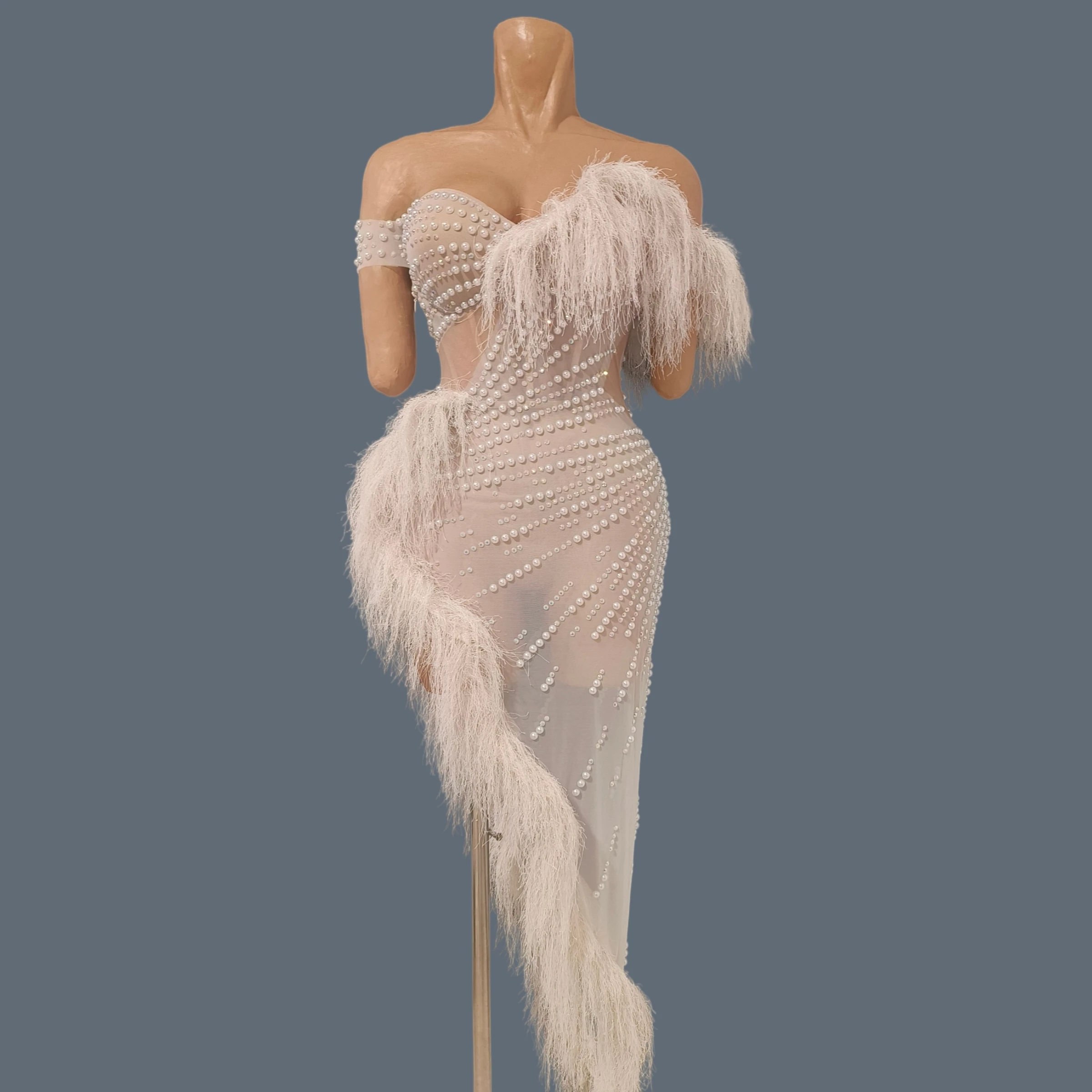 White Pearl Asymmetrical Off Shoulder Mesh Asymmetrical Dress Fluffy Feather Trim Sheer Bodycon Stage Performance Outfit Yanwo
White Pearl Asymmetrical Off Shoulder Mesh Asymmetrical Dress Fluffy Feather Trim Sheer Bodycon Stage Performance Outfit Yanwo