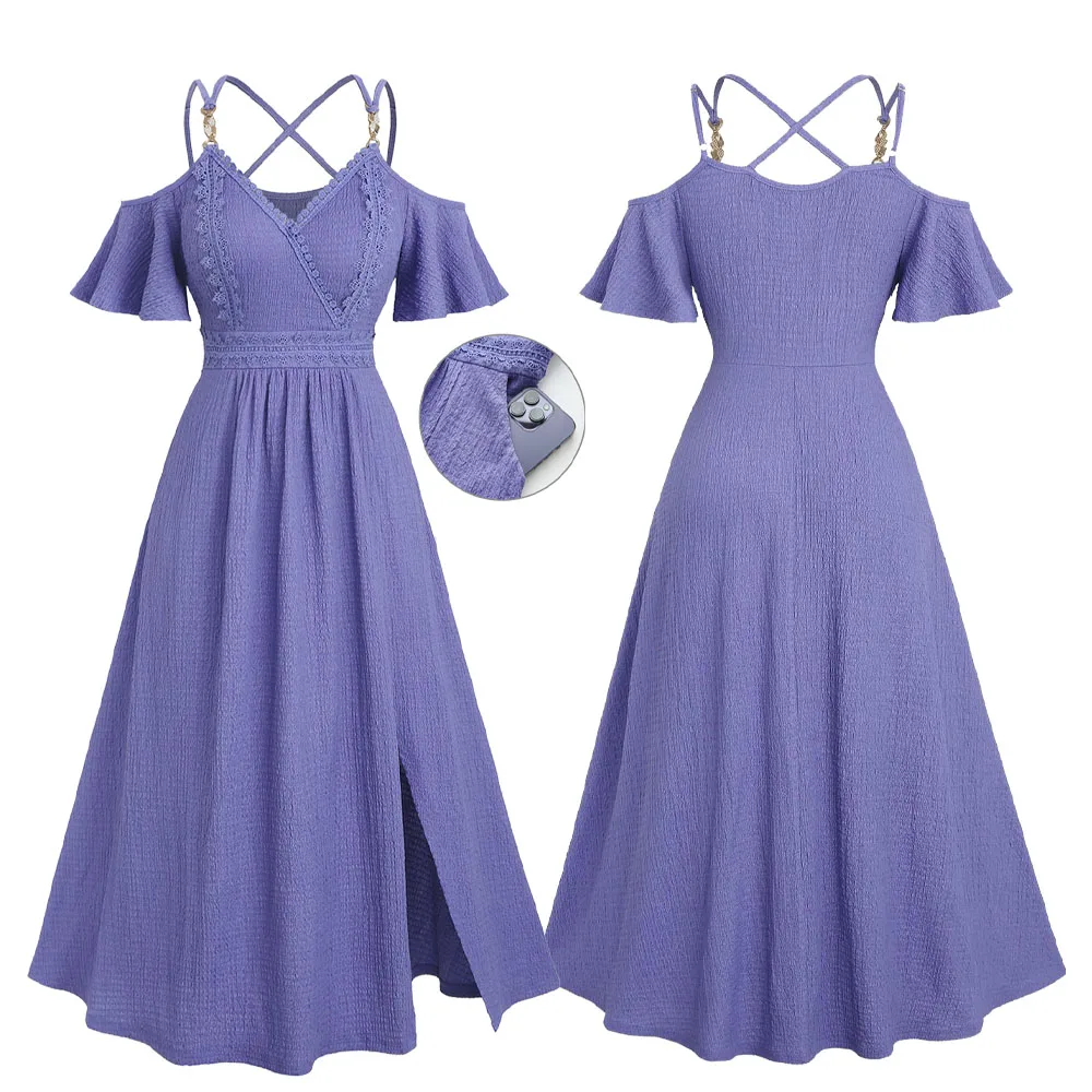 Plus Size Purple Cold Shoulder Dresses Women Casual Lace Trim Textured Split Pocket Crisscross Strappy A Line Maxi Dress
Plus Size Purple Cold Shoulder Dresses Women Casual Lace Trim Textured Split Pocket Crisscross Strappy A Line Maxi Dress