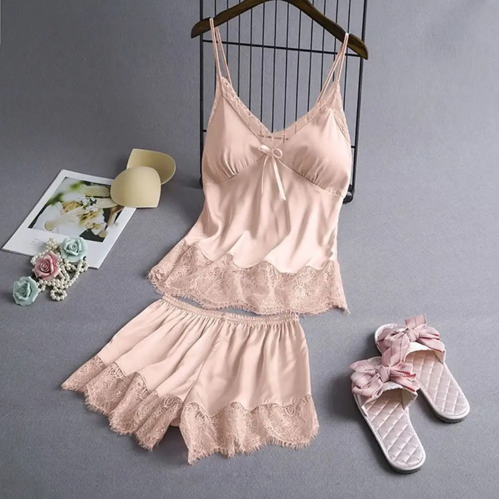 Soft Satin Silk Lace Sling Pajamas Set Thin Sleeveless Two Pieces Nightwear Home Wear Bowknot Camisole Shorts Sleepwear Women
Soft Satin Silk Lace Sling Pajamas Set Thin Sleeveless Two Pieces Nightwear Home Wear Bowknot Camisole Shorts Sleepwear Women