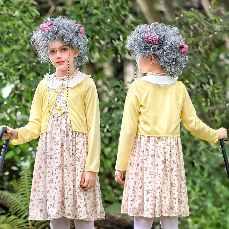 Girls Old Lady Costume Grandma Kid Cosplay Dresses Disguise Granny Wig Yellow Floral Dress Holiday Party Fancy Dress Clothes
Girls Old Lady Costume Grandma Kid Cosplay Dresses Disguise Granny Wig Yellow Floral Dress Holiday Party Fancy Dress Clothes