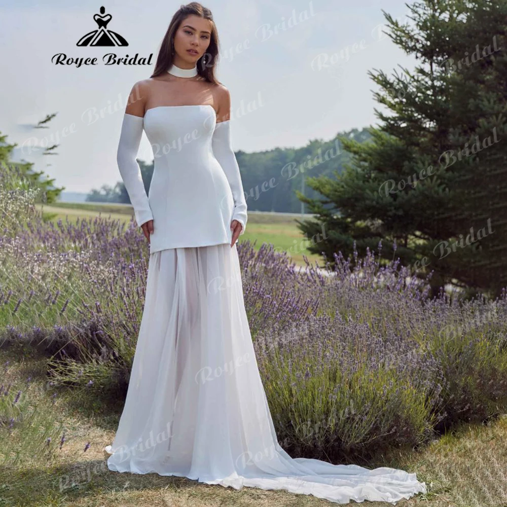 2-Piece Crepe Strapless Mini Wedding Dress with Detachable Chiffon Train and Off-the-Shoulder Long Sleeves Customized
2-Piece Crepe Strapless Mini Wedding Dress with Detachable Chiffon Train and Off-the-Shoulder Long Sleeves Customized
