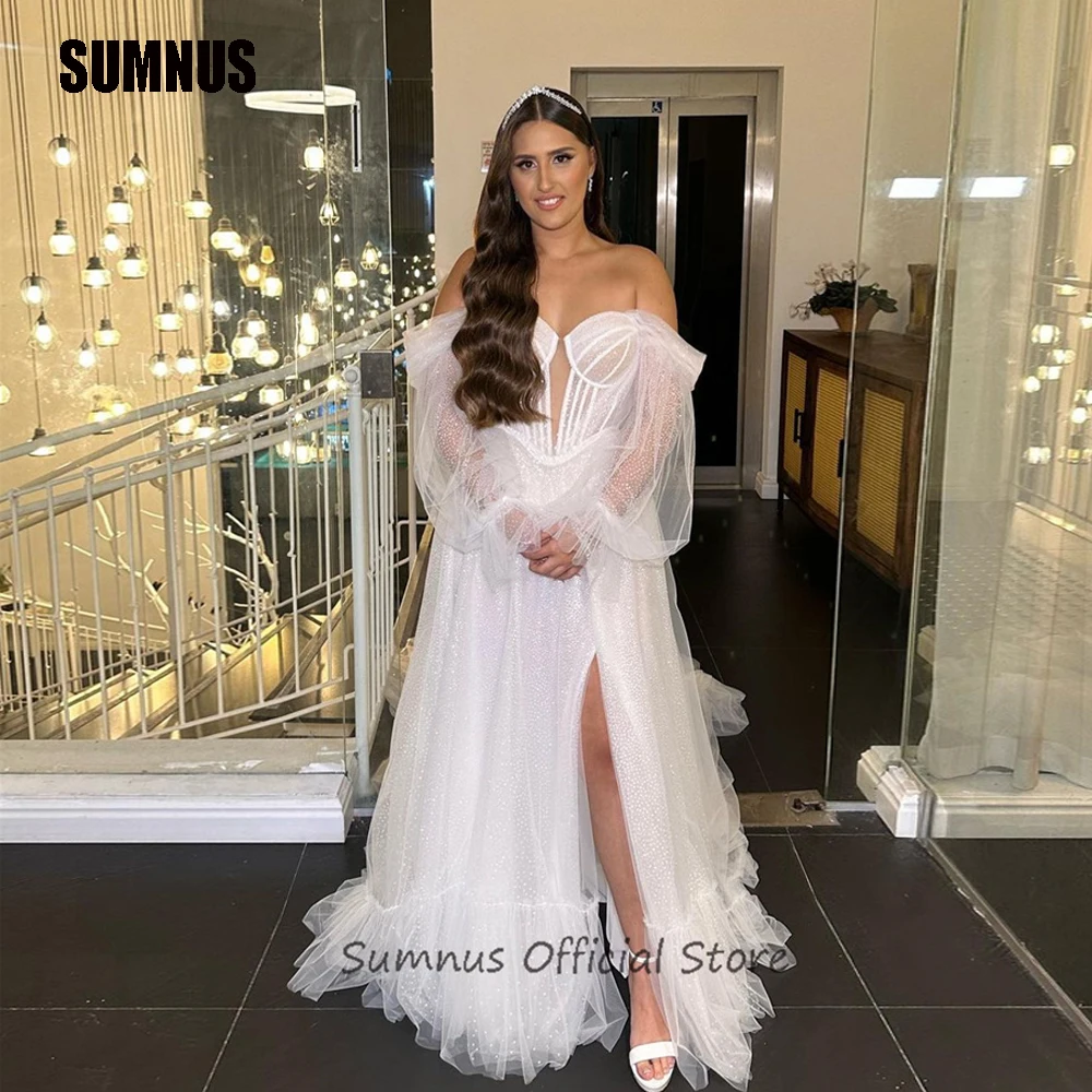 SUMNUS Tulle Sweetheart Simple Wedding Prom Gowns Off Shoulder Long Puff Sleeves Side Split Glitter Bridal Party Dresses Dubai
SUMNUS Tulle Sweetheart Simple Wedding Prom Gowns Off Shoulder Long Puff Sleeves Side Split Glitter Bridal Party Dresses Dubai