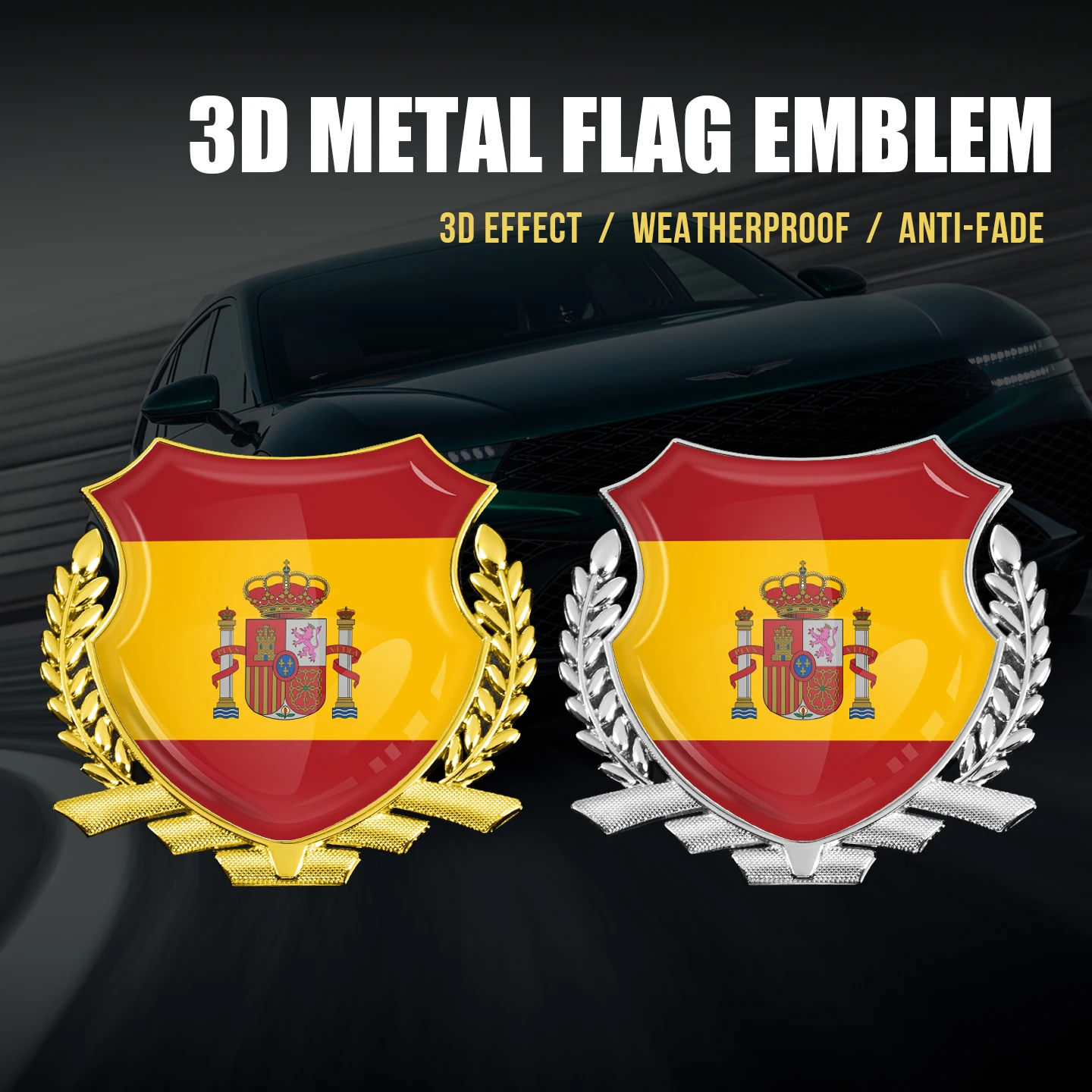 3D Epoxy Spain Flag Car Sticker Gold Silver Metal Base Shield Emblem Badge Spanish Coat of Arms Decal For SEAT Cupra Ford VW
3D Epoxy Spain Flag Car Sticker Gold Silver Metal Base Shield Emblem Badge Spanish Coat of Arms Decal For SEAT Cupra Ford VW
