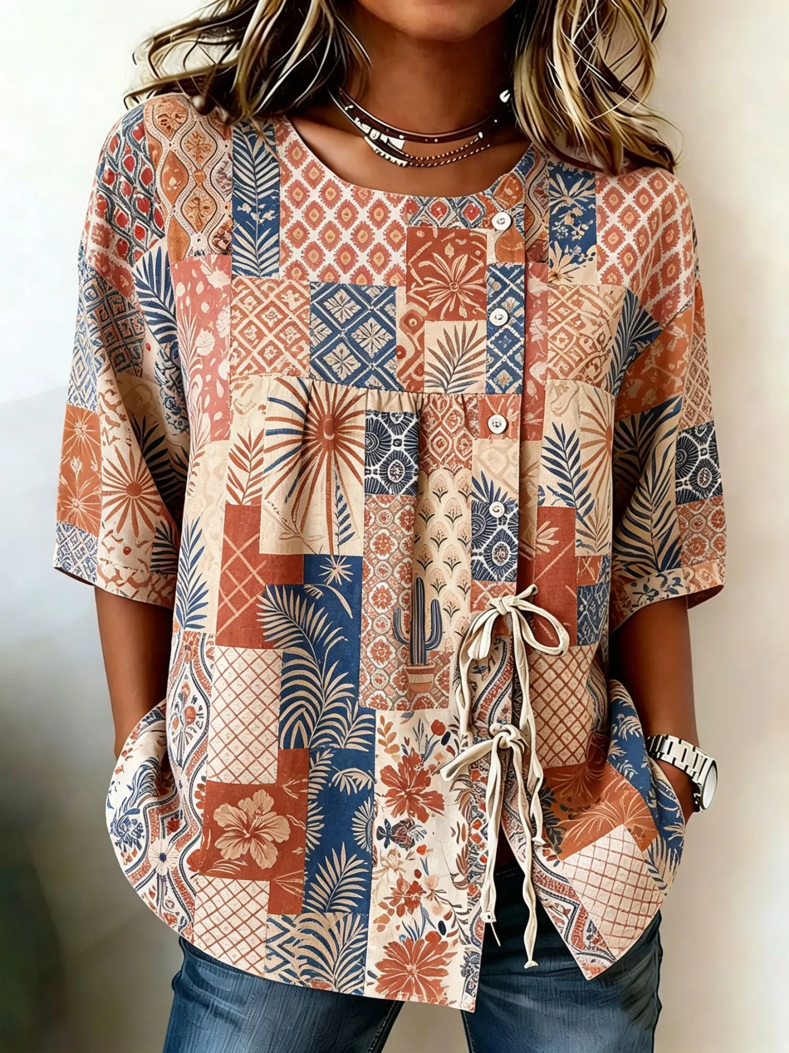 Women's Bohemian Patchwork Print Drawstring Button Up Blouse, Casual Round Neck Tops for Spring Summer Daily Vacation Wear
Women's Bohemian Patchwork Print Drawstring Button Up Blouse, Casual Round Neck Tops for Spring Summer Daily Vacation Wear