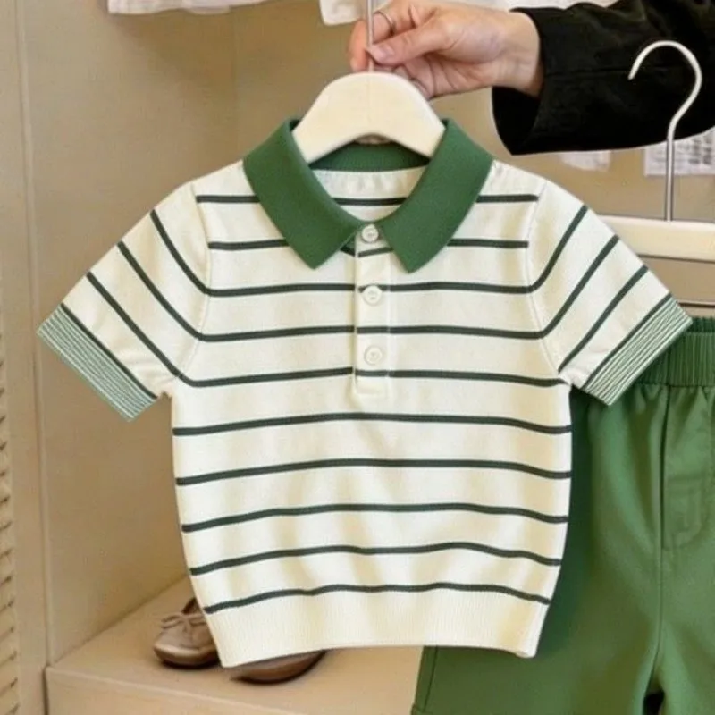 Kids Summer Outfit Set Green Striped Knitted Short Sleeve Top And Casual Shorts 2-Piece Set for Boys And Girls Fashionable
Kids Summer Outfit Set Green Striped Knitted Short Sleeve Top And Casual Shorts 2-Piece Set for Boys And Girls Fashionable