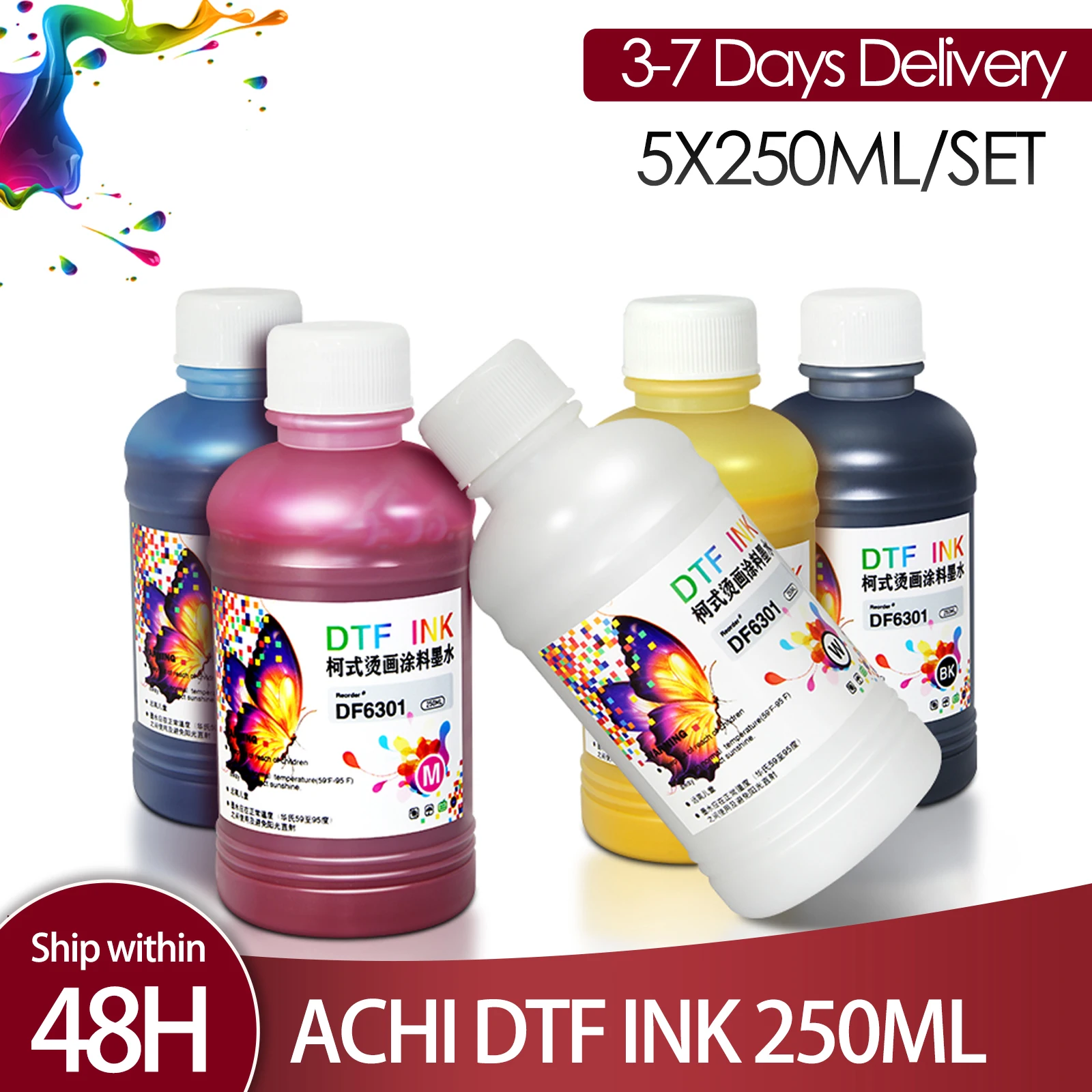 CMYKW DTF INK 250ML DTF INK 1390 Printer INK for L1800 DTF Printer for DTF Heat Transfer Film 250ML PET Film 5x250ML SET
CMYKW DTF INK 250ML DTF INK 1390 Printer INK for L1800 DTF Printer for DTF Heat Transfer Film 250ML PET Film 5x250ML SET