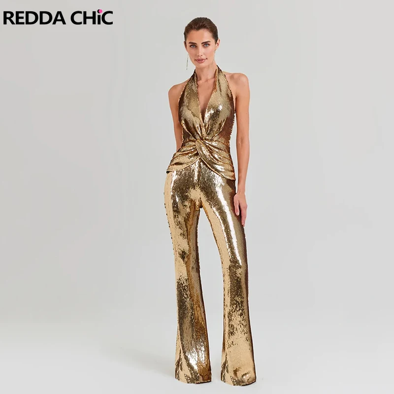 REDDACHiC Sparkly Sequin Women Jumpsuit Luxury Gold V-neck Halter Backless Flare Pants Overall Party Concert Sexy Night Clubwear
REDDACHiC Sparkly Sequin Women Jumpsuit Luxury Gold V-neck Halter Backless Flare Pants Overall Party Concert Sexy Night Clubwear