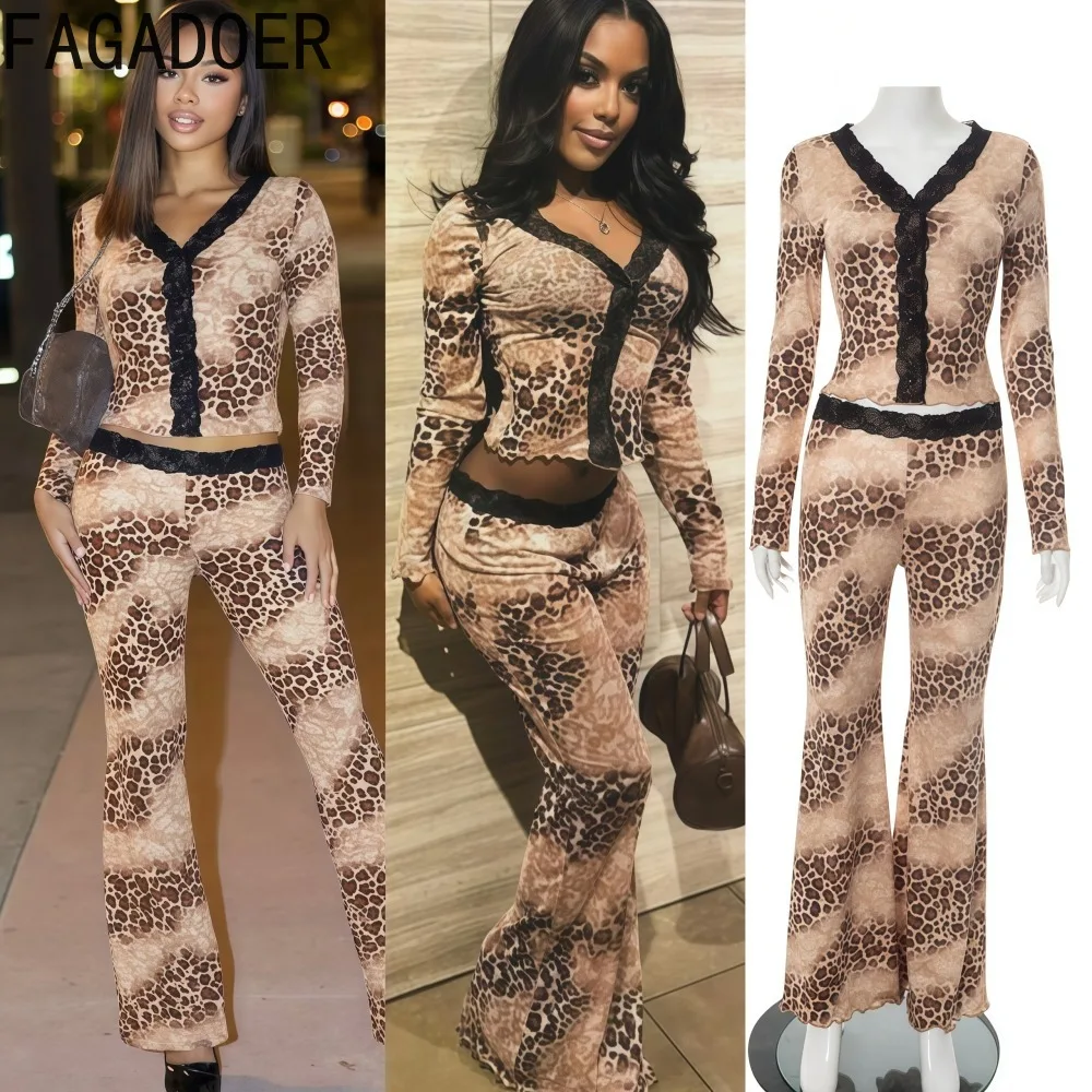 FAGADOER Sexy Leopard Print 2 Pieces Set for Woman Long Sleeved Lace Patchwork Crop Top and Flare Pants Siut Female Streetwear
FAGADOER Sexy Leopard Print 2 Pieces Set for Woman Long Sleeved Lace Patchwork Crop Top and Flare Pants Siut Female Streetwear