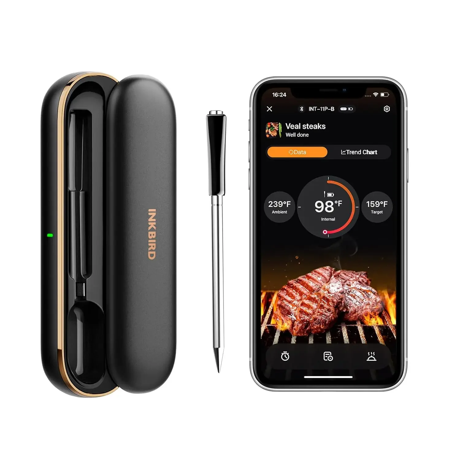 Smart Bluetooth Meat Thermometer, Wireless IP67 Waterproof Probe, 300ft Range, 25H Battery, Rechargeable Case for Grill BBQ Smoker
Smart Bluetooth Meat Thermometer, Wireless IP67 Waterproof Probe, 300ft Range, 25H Battery, Rechargeable Case for Grill BBQ Smoker