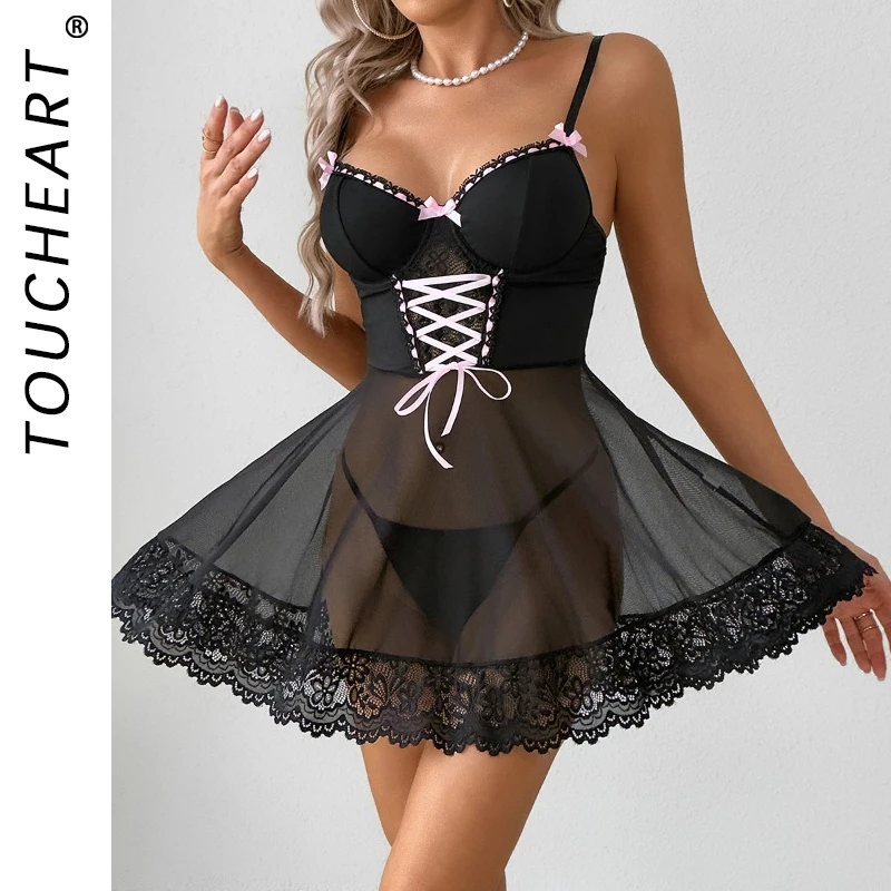 Toucheart Sexy Lingerie Set for Women Lace Spliced Mesh See-through Bow Ribbon Dress Nightgown Two-piece Set Sling Dress Set New
Toucheart Sexy Lingerie Set for Women Lace Spliced Mesh See-through Bow Ribbon Dress Nightgown Two-piece Set Sling Dress Set New