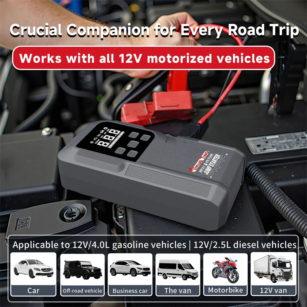 Car Jump Starter with 150PSI Air Pump, Portable Power Bank and Auto Battery Booster for Vehicles
Car Jump Starter with 150PSI Air Pump, Portable Power Bank and Auto Battery Booster for Vehicles