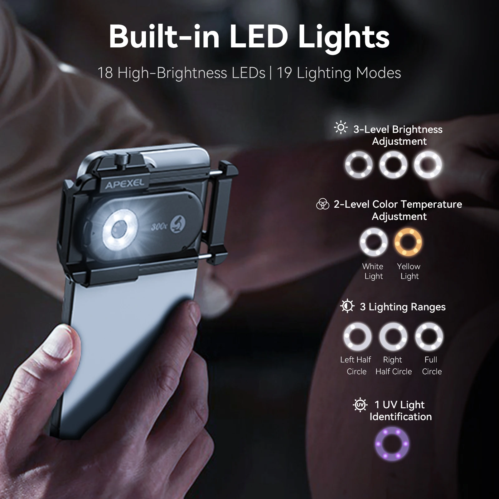 APEXEL 300X Microscope Lens Mobile Phone Camera Lens Kit Mini Macro Lenses with LED Light for almost All Smartphone
APEXEL 300X Microscope Lens Mobile Phone Camera Lens Kit Mini Macro Lenses with LED Light for almost All Smartphone