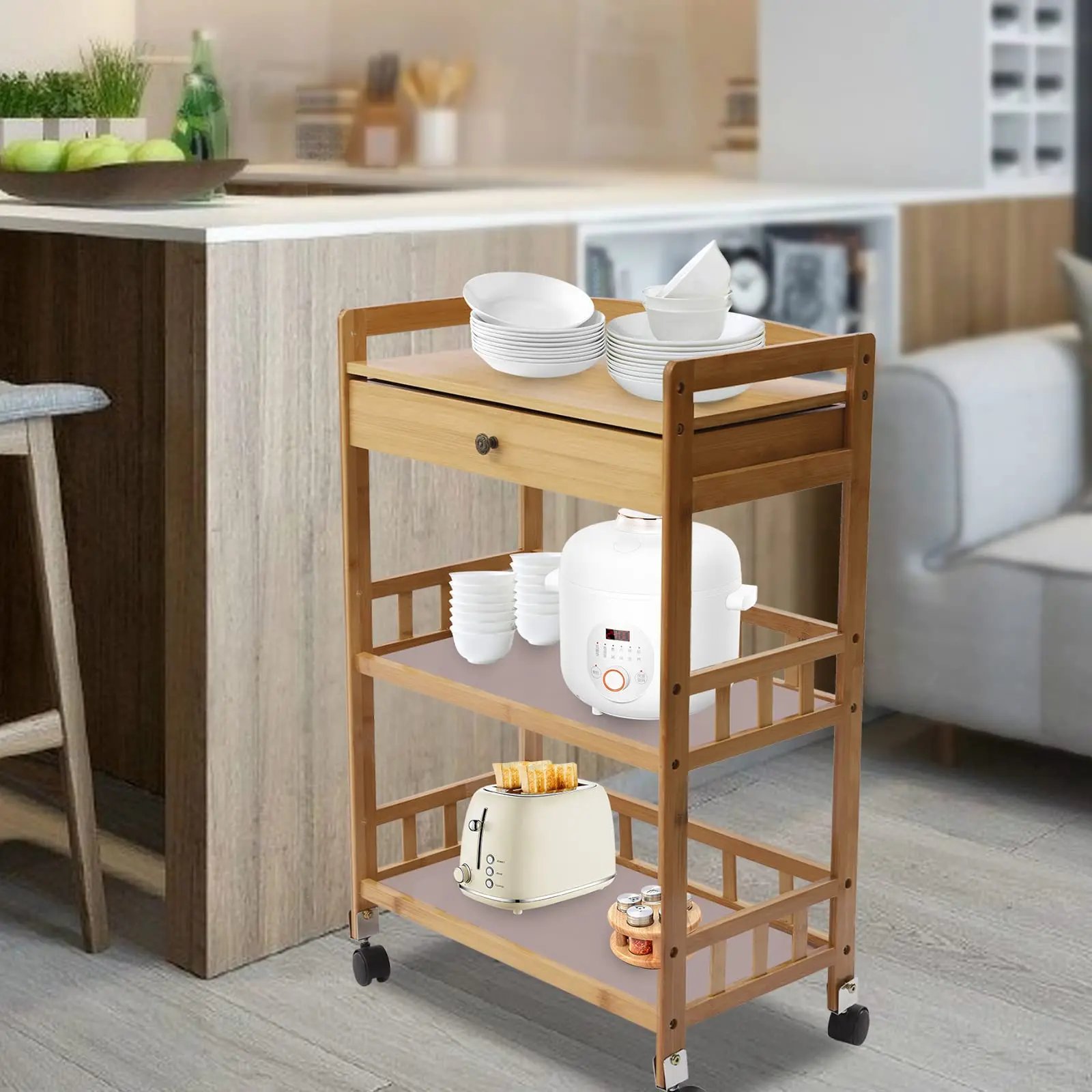 Original Wood Color Bar & Serving Carts, Countryside Kitchen Serving Carts Rolling Bar Cart with Three-Tier Structure and Drawer
Original Wood Color Bar & Serving Carts, Countryside Kitchen Serving Carts Rolling Bar Cart with Three-Tier Structure and Drawer