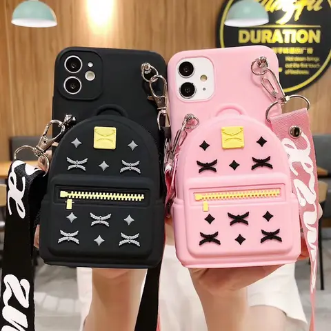 Funda de teléfono con bolsa de silicona tipo billetera 3D para iPhone 8, 7, 6, 6s, 5 Plus X XR XS Max SE con correa cruzada