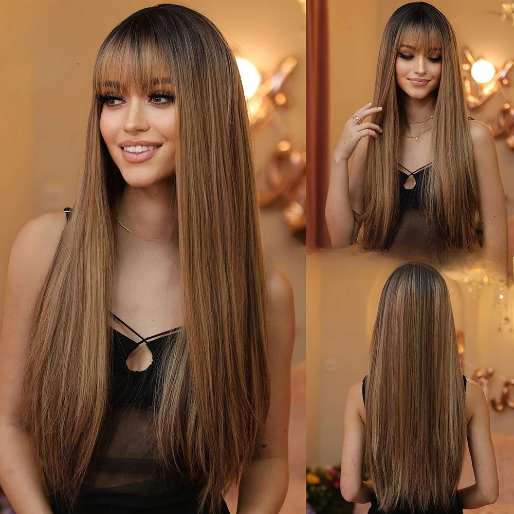 26Inch daily gradual change wig Qi bangs long straight hair brown chemical fiber wig full head cover
26Inch daily gradual change wig Qi bangs long straight hair brown chemical fiber wig full head cover