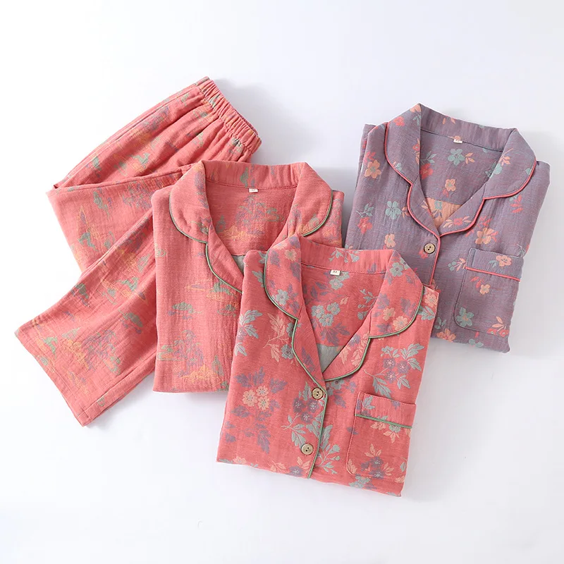 Spring Autumn Cotton Women's Pajamas Jacquard Double-layer Cotton Yarn Long-sleeved Trousers Four-season Thin Loungewear Set
Spring Autumn Cotton Women's Pajamas Jacquard Double-layer Cotton Yarn Long-sleeved Trousers Four-season Thin Loungewear Set