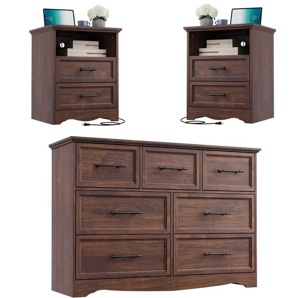 Set, 3 Pieces Bedroom Furniture Set, Wood 7 Drawer Dresser and Nightstands with Charging Station, Farmhouse Storage Organizer C
Set, 3 Pieces Bedroom Furniture Set, Wood 7 Drawer Dresser and Nightstands with Charging Station, Farmhouse Storage Organizer C