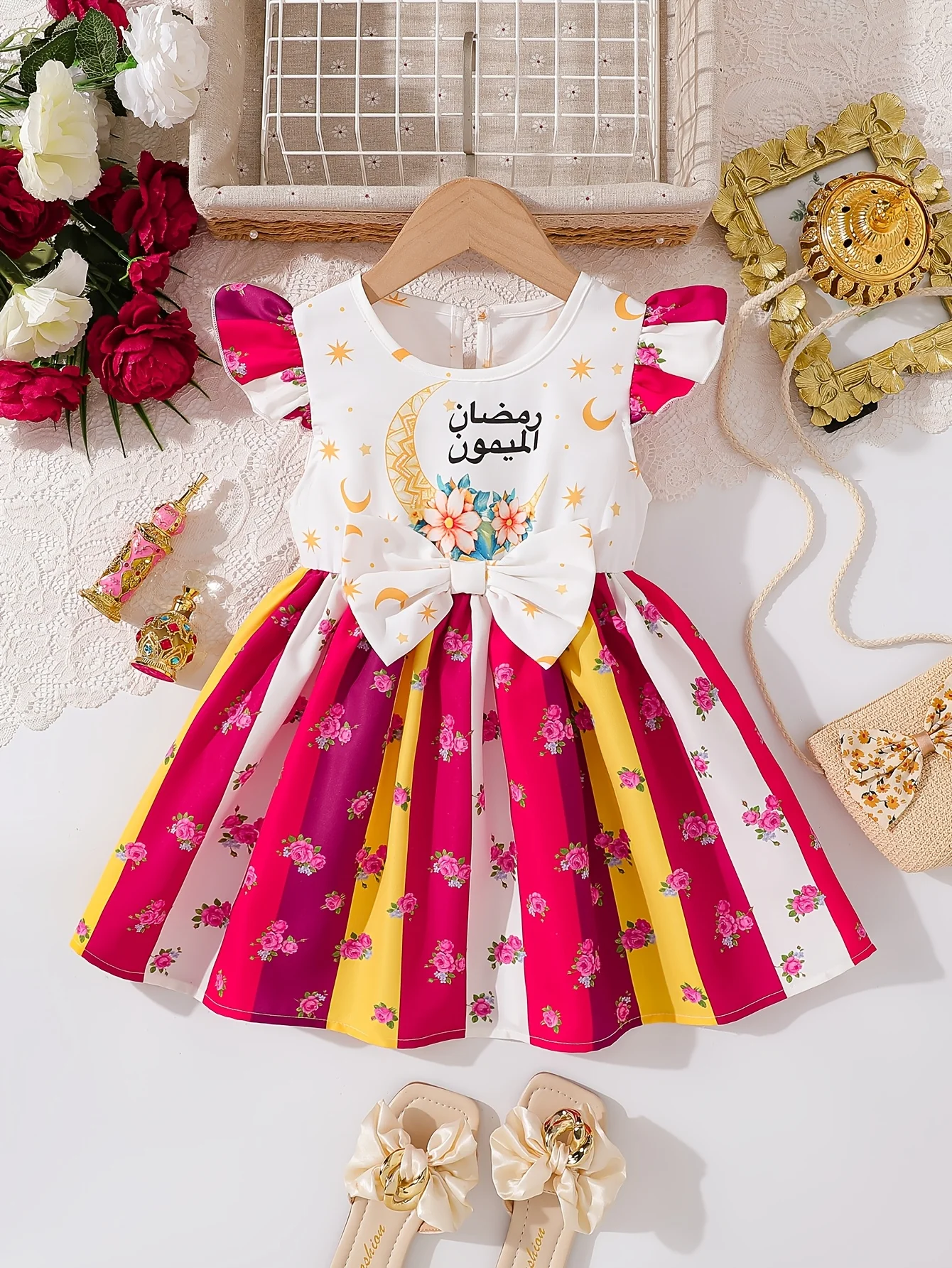 Платье для девочки на Рамадан: с принтом «Звезды и Луна», большим бантом и контрастными полосками с цветочным узором | Подарок на Рамадан / Подарок на день рождения для девочки
Платье для девочки на Рамадан: с принтом «Звезды и Луна», большим бантом и контрастными полосками с цветочным узором | Подарок на Рамадан / Подарок на день рождения для девочки