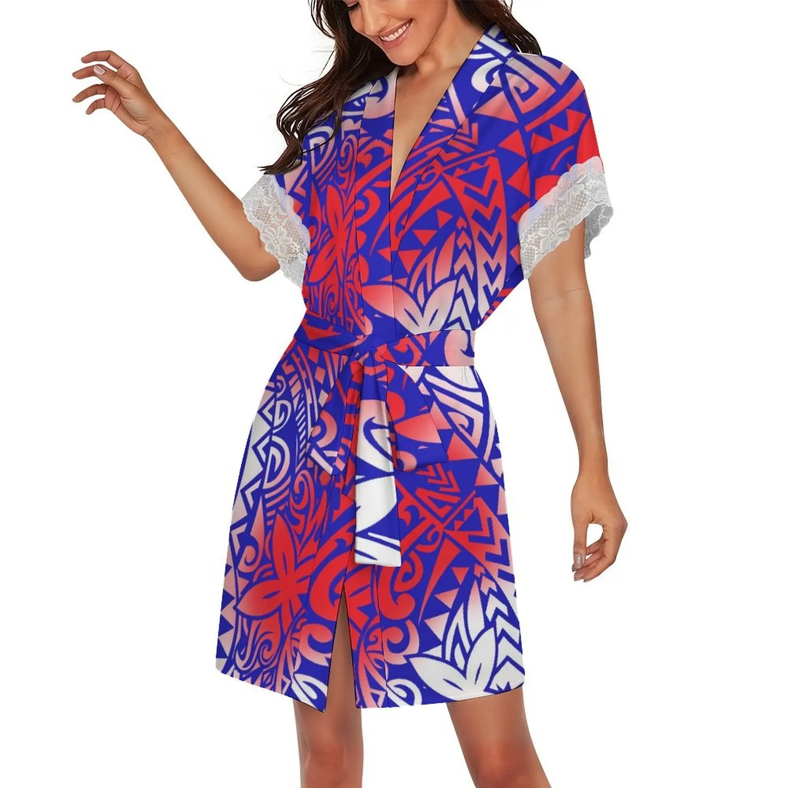 Comfortable And Soft Fabric Hawaiian Women'S Customizable Patterned Printed V-Neck Lace-Trimmed Short-Sleeved Belt Nightgown
Comfortable And Soft Fabric Hawaiian Women'S Customizable Patterned Printed V-Neck Lace-Trimmed Short-Sleeved Belt Nightgown