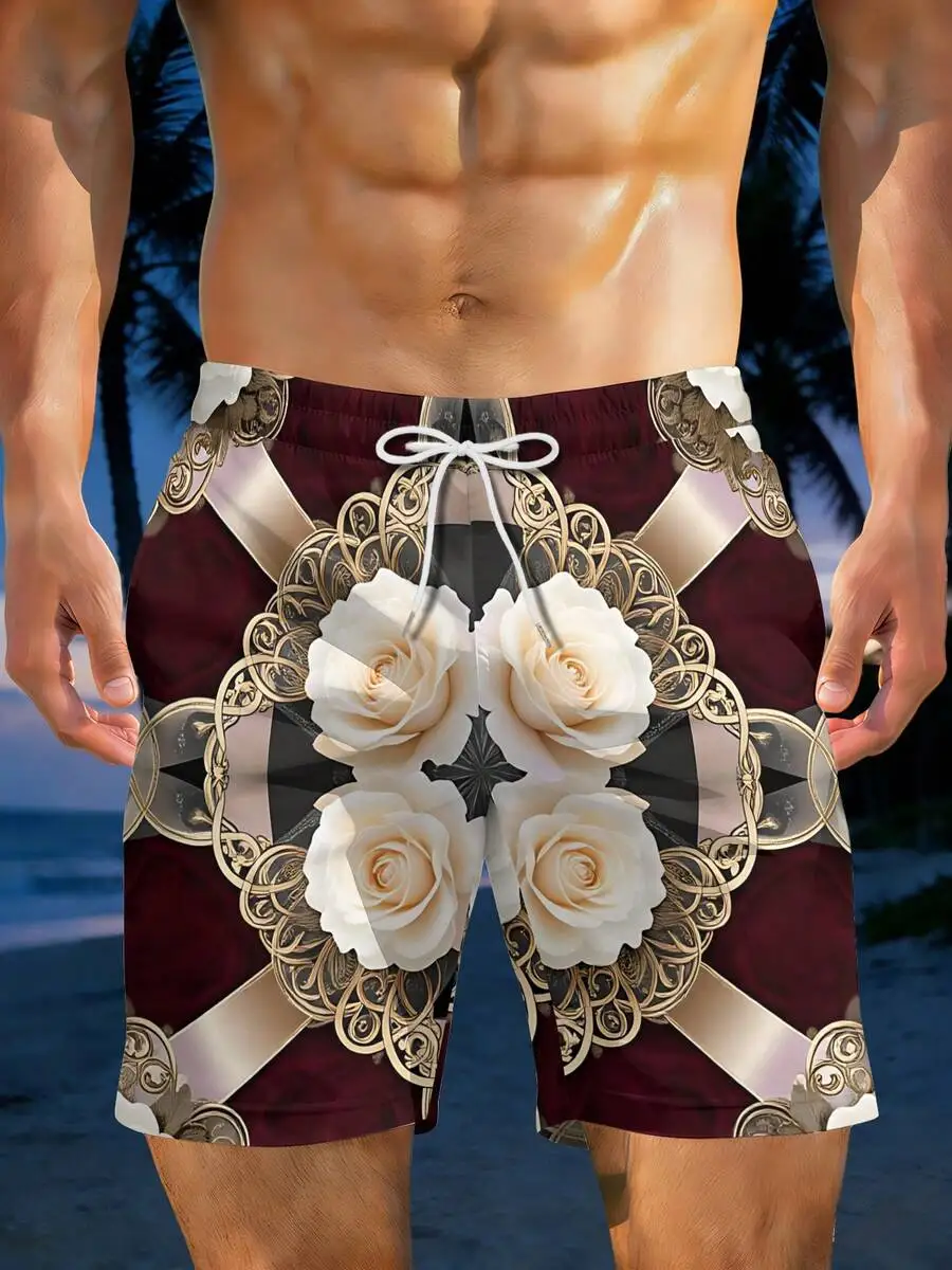 Mens Floral Print Beach Shorts With Ornate Rose Design For Summer Casual Wear
Mens Floral Print Beach Shorts With Ornate Rose Design For Summer Casual Wear
