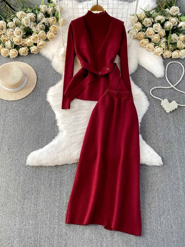 Fashion Mock Neck Solid Long Sleeve Lace up Sweater+V-neck Vest+Elastic Waist Maxi Skirt 3-piece Suit Autumn/Winter Korean New
Fashion Mock Neck Solid Long Sleeve Lace up Sweater+V-neck Vest+Elastic Waist Maxi Skirt 3-piece Suit Autumn/Winter Korean New