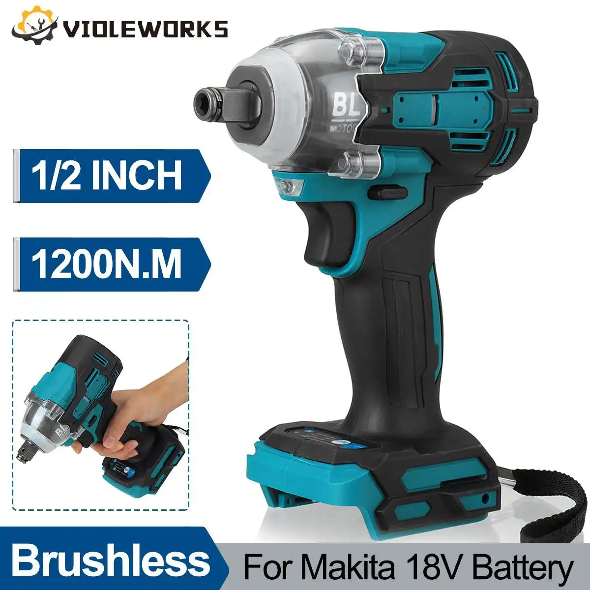 1200N.M Brushless Electric Impact Wrench 1/2 Hollow Shaft Cordless Drill Screwdriver Power Tool For Makita 18V Battery
1200N.M Brushless Electric Impact Wrench 1/2 Hollow Shaft Cordless Drill Screwdriver Power Tool For Makita 18V Battery