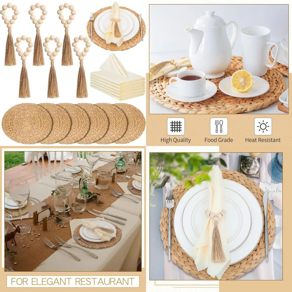 Boho Woven Placemats Wood Bead Napkin Rings with Dinner Napkins Cloth Round Water Hyacinth Placemats Heat Resistant Mats Wooden
Boho Woven Placemats Wood Bead Napkin Rings with Dinner Napkins Cloth Round Water Hyacinth Placemats Heat Resistant Mats Wooden
