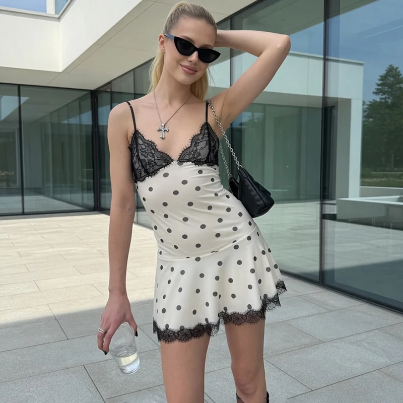 Typhaland Elegant Lace Sling Dress Women's Polka Dot Print Contrast Fashion Mini Dress Casual Evening Party Clothes 2026 Summer
Typhaland Elegant Lace Sling Dress Women's Polka Dot Print Contrast Fashion Mini Dress Casual Evening Party Clothes 2026 Summer