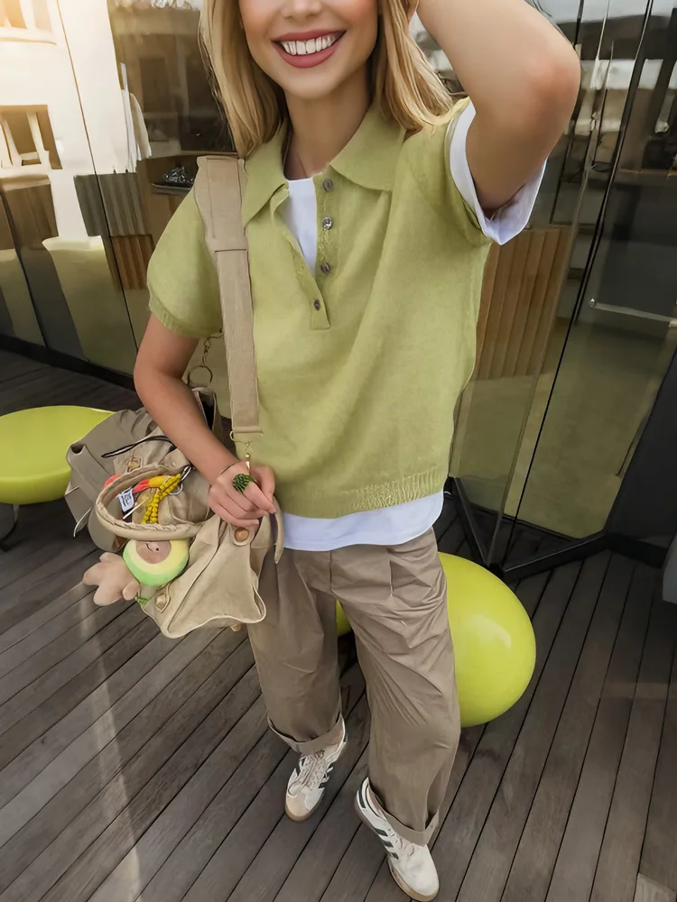 Tossy French Retro Knit Polo Shirt Women Summer Soft Mohair Short Sleeve Sweater Turn Down Collar Avocado Green Crop Top Y2K New
Tossy French Retro Knit Polo Shirt Women Summer Soft Mohair Short Sleeve Sweater Turn Down Collar Avocado Green Crop Top Y2K New