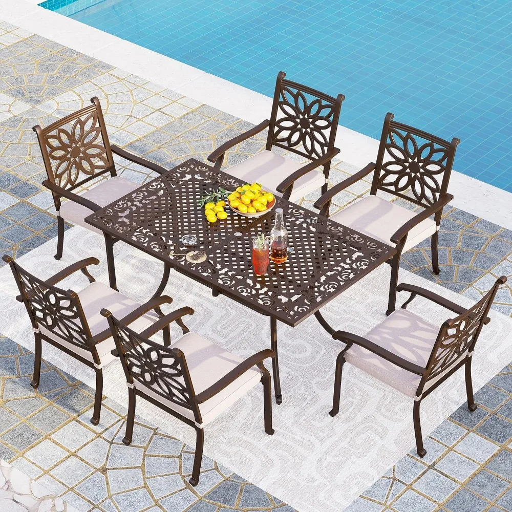 Cast Aluminum Patio Dining, 7 Piece Outdoor Patio Set with Aluminum Table and 6 Extra Wide Dining Chairs with Cushions
Cast Aluminum Patio Dining, 7 Piece Outdoor Patio Set with Aluminum Table and 6 Extra Wide Dining Chairs with Cushions