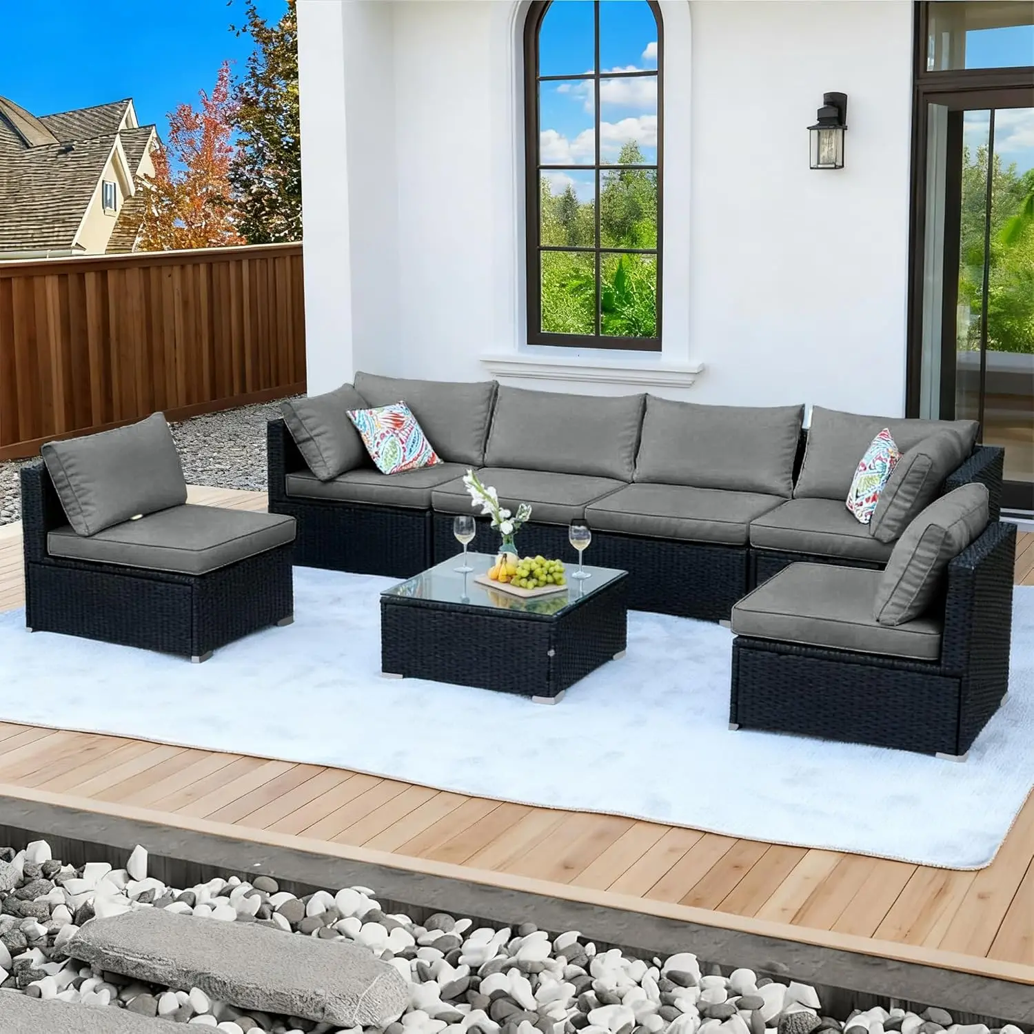 7pc Black Patio Set All Weather Outdoor Sectional Wicker Sofa Grey Cushions Glass Table, Customized
7pc Black Patio Set All Weather Outdoor Sectional Wicker Sofa Grey Cushions Glass Table, Customized