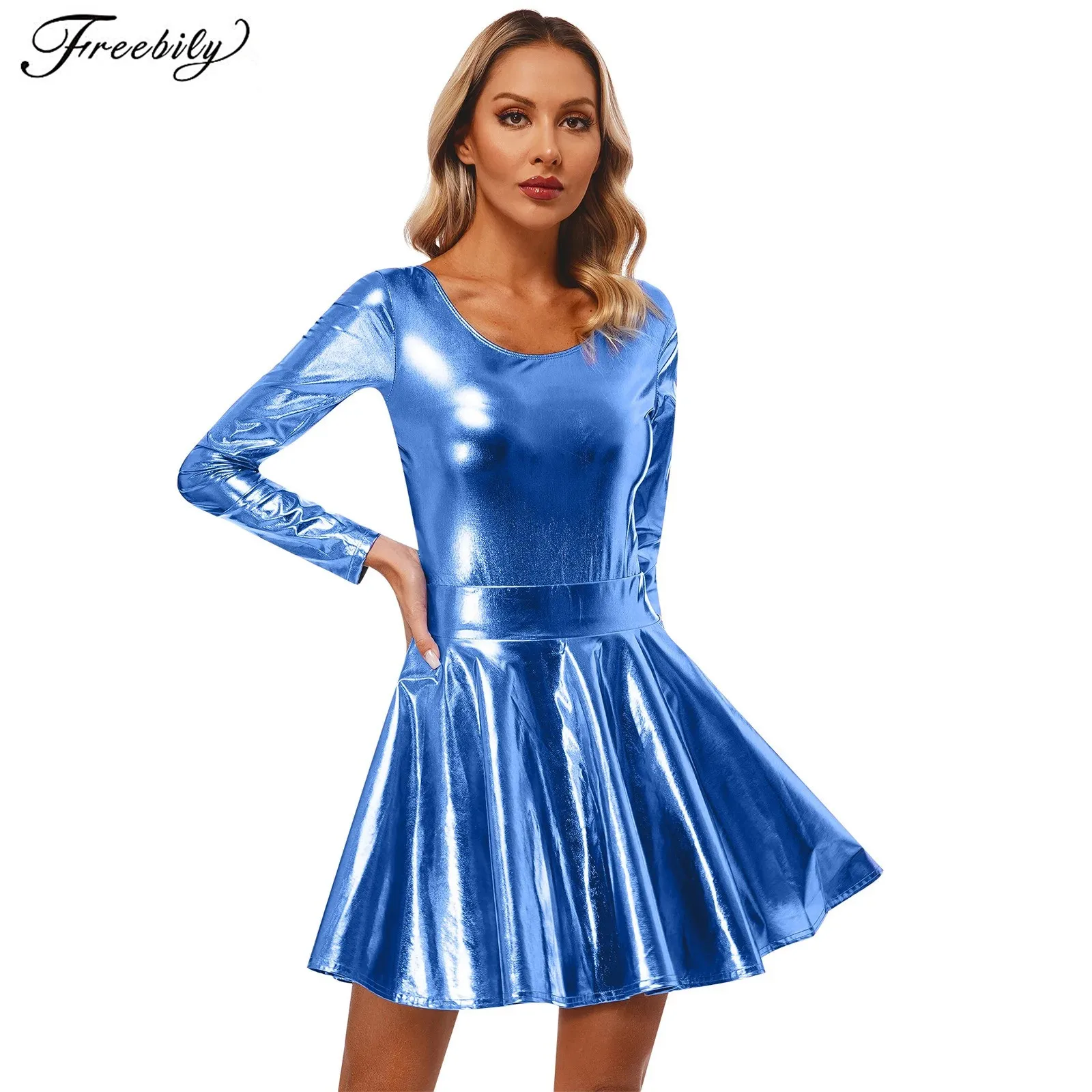 Womens Shiny Metallic Party Dress Outfits Long Sleeve Round Neck Leotard with High Waist Flare Skirt for Stage Performance
Womens Shiny Metallic Party Dress Outfits Long Sleeve Round Neck Leotard with High Waist Flare Skirt for Stage Performance