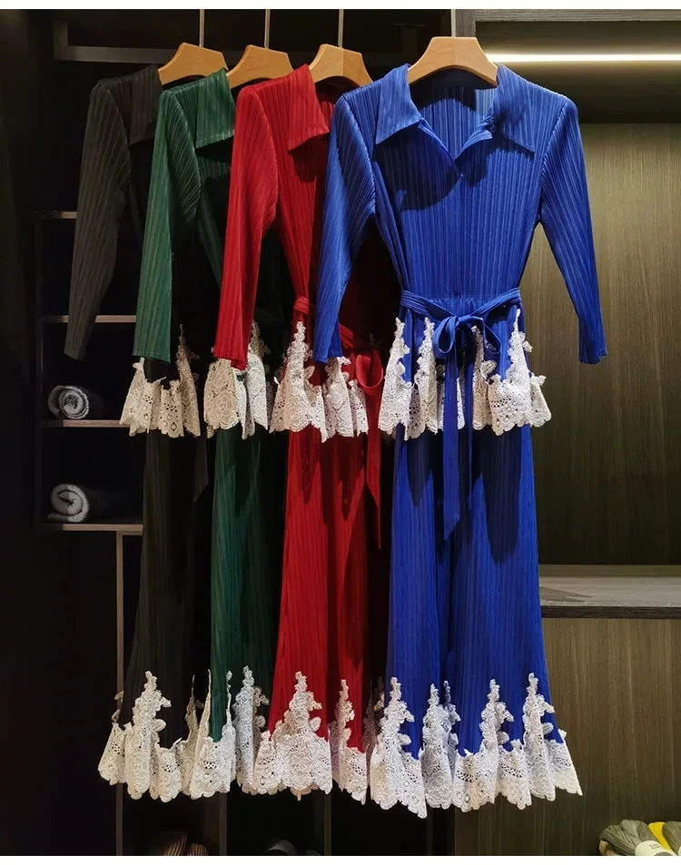 Miyake Pleated Full Sleeve Dress Women's 2026 Spring Korean Fashion Turn Down Neck Lace Patchwork Belt One Piece Midi Long Dress
Miyake Pleated Full Sleeve Dress Women's 2026 Spring Korean Fashion Turn Down Neck Lace Patchwork Belt One Piece Midi Long Dress