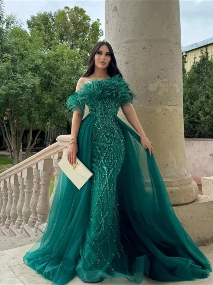 Elegant Off Shoulder Mermaid Prom Dresses With Detachable Train Strapless Feather Glitter Sequins Formal Evening Party Gown
Elegant Off Shoulder Mermaid Prom Dresses With Detachable Train Strapless Feather Glitter Sequins Formal Evening Party Gown