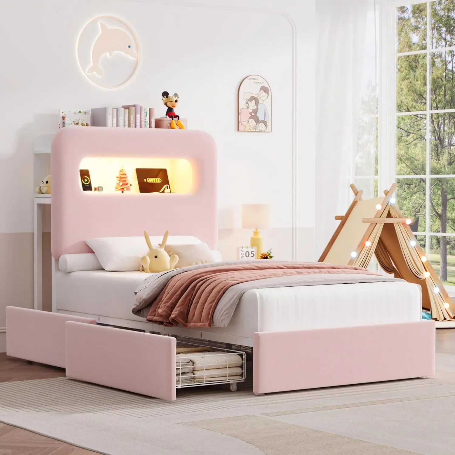 Twin LED Bed Frame with Storage Headboard and Charging Station, Girls Bed Frame with 2 Drawers and USB Ports, Velvet
Twin LED Bed Frame with Storage Headboard and Charging Station, Girls Bed Frame with 2 Drawers and USB Ports, Velvet
