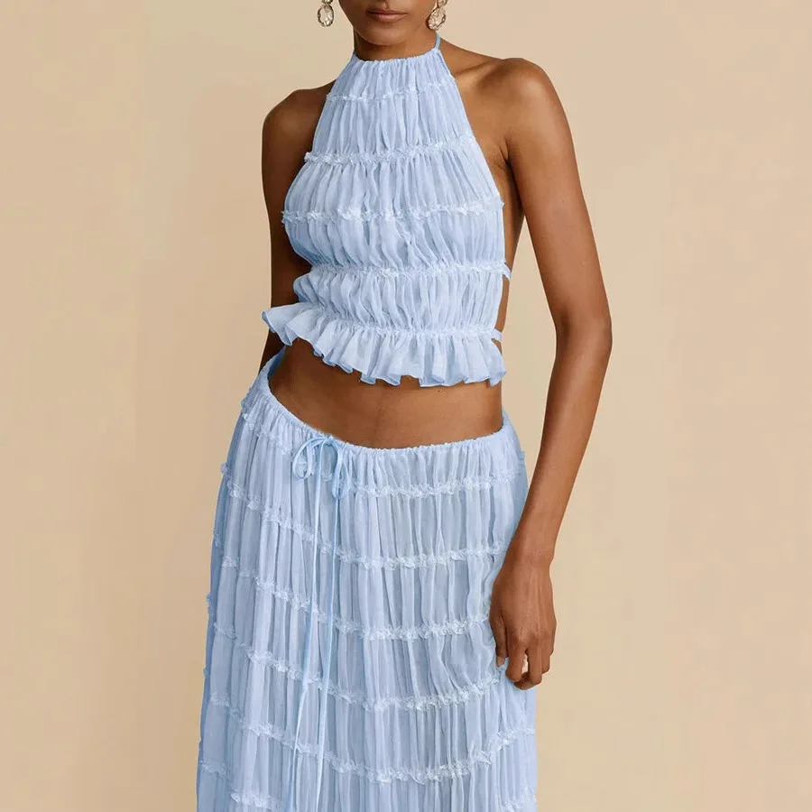 Women Boho Sexy Backless Matching Suit 2 Piece Beach Holiday Outfits Vintage Ruched Halter Cami Tops + Maxi Long Skirt Party
Women Boho Sexy Backless Matching Suit 2 Piece Beach Holiday Outfits Vintage Ruched Halter Cami Tops + Maxi Long Skirt Party