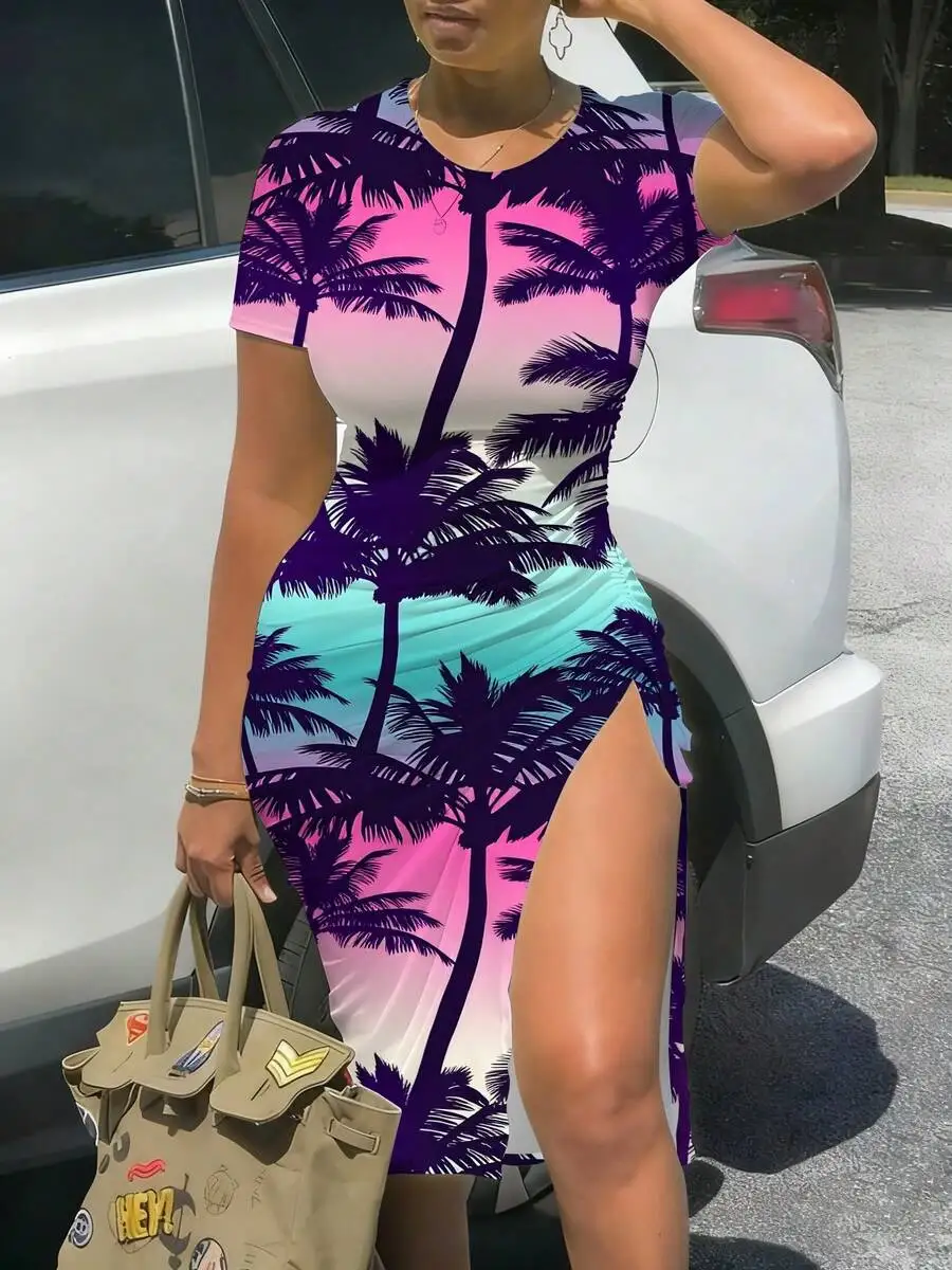 Tropical Palm Tree Print Short Sleeve Bodycon Midi Dress With Slit Ruched
Tropical Palm Tree Print Short Sleeve Bodycon Midi Dress With Slit Ruched
