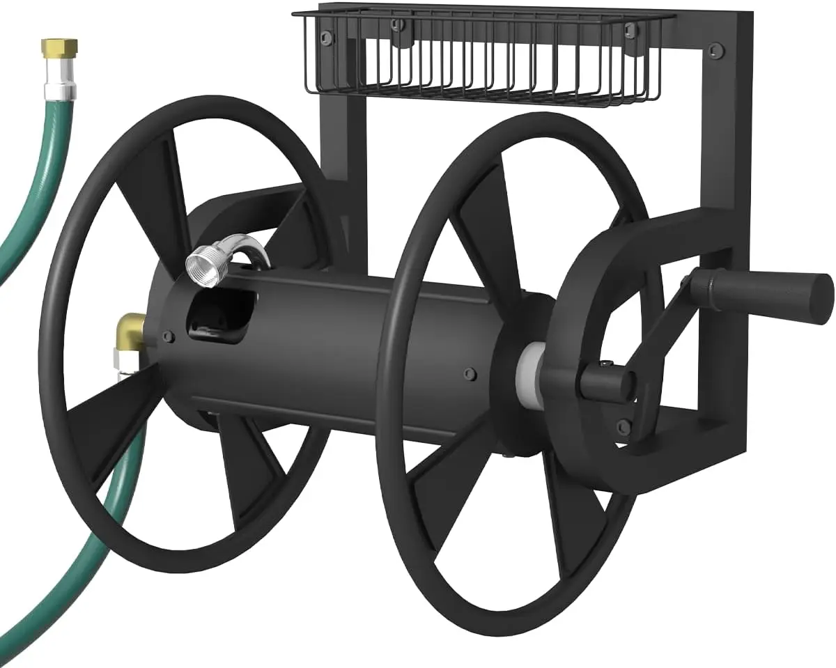 Heavy-Duty Wall Mounted Hose Reel, Holds 125ft of 5/8-Inch Hose, with 3.9ft Leader Hose & Brass Fittings, Storage Basket, Black
Heavy-Duty Wall Mounted Hose Reel, Holds 125ft of 5/8-Inch Hose, with 3.9ft Leader Hose & Brass Fittings, Storage Basket, Black