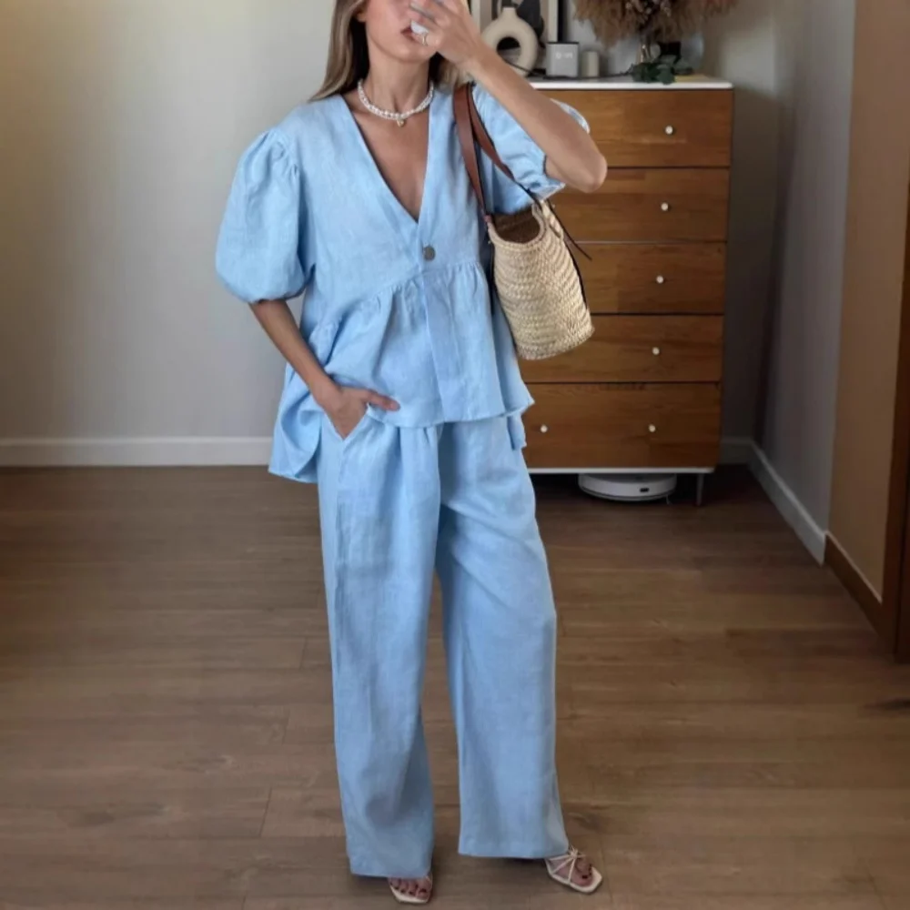 Elegant Solid New 2 Piece Sets Fashion Women Sexy V-Neck Short Sleeve Button Vests Tops Wide Leg Pants Suit Casual Streetwear
Elegant Solid New 2 Piece Sets Fashion Women Sexy V-Neck Short Sleeve Button Vests Tops Wide Leg Pants Suit Casual Streetwear