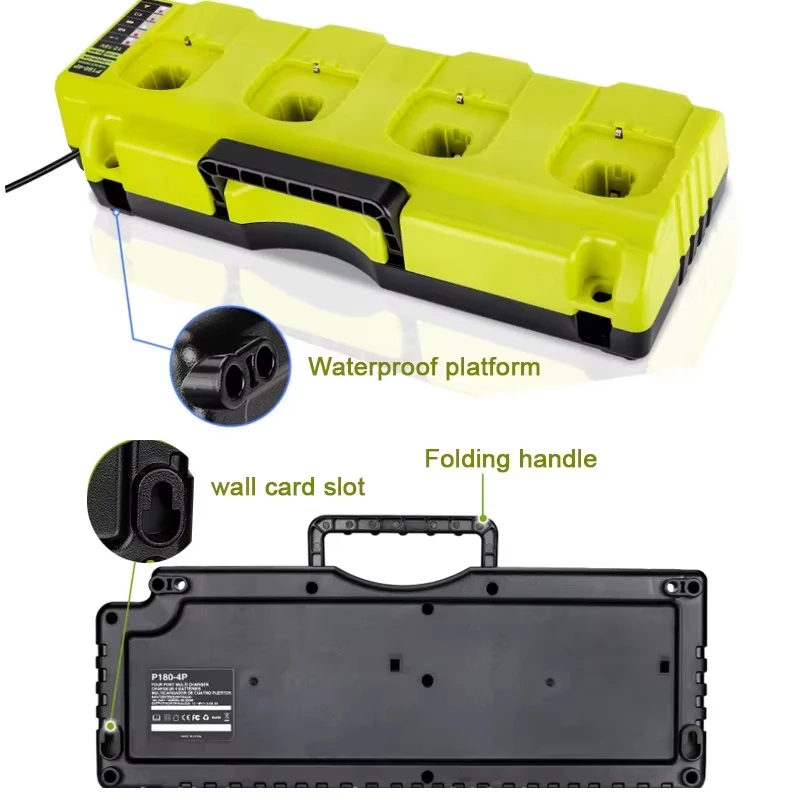 Portable 4-Bay Fast Charger Lithium Battery Charger for RYOBI ONE+ Series 18V Ni-CD/Ni-MH/Li-ion Batteries with Dual USB Ports
Portable 4-Bay Fast Charger Lithium Battery Charger for RYOBI ONE+ Series 18V Ni-CD/Ni-MH/Li-ion Batteries with Dual USB Ports