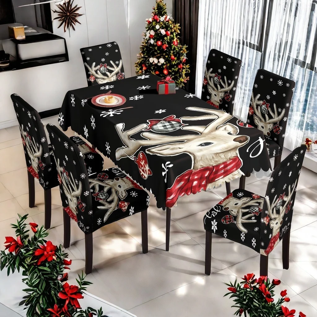 Christmas Table And Chair Set with Deer Pattern 6pcs Chair Covers + 1pcs Lace Tablecloth for Holiday Party Banquet
Christmas Table And Chair Set with Deer Pattern 6pcs Chair Covers + 1pcs Lace Tablecloth for Holiday Party Banquet