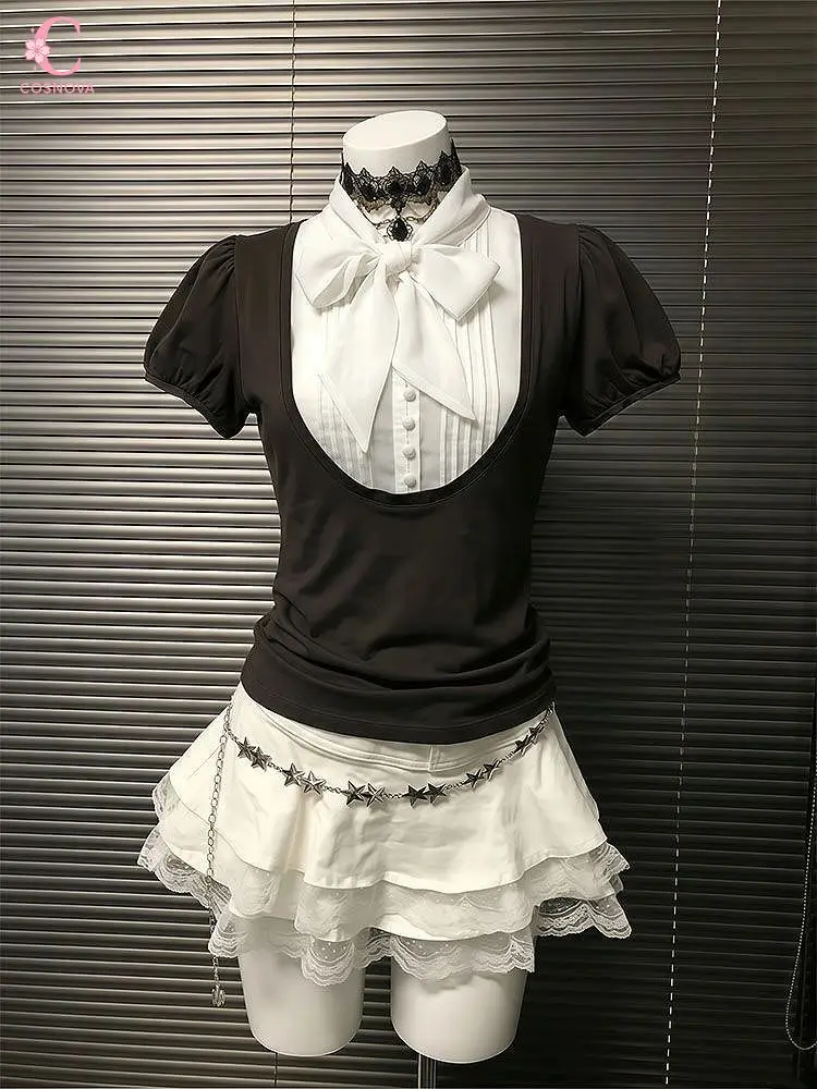Summer Y2K Vintage Set Women Fake 2 Piece Short Sleeve Bow T-Shirt Slim Fit Ruffle Mini Skirt Outfits Female Harajuku Street Set
Summer Y2K Vintage Set Women Fake 2 Piece Short Sleeve Bow T-Shirt Slim Fit Ruffle Mini Skirt Outfits Female Harajuku Street Set