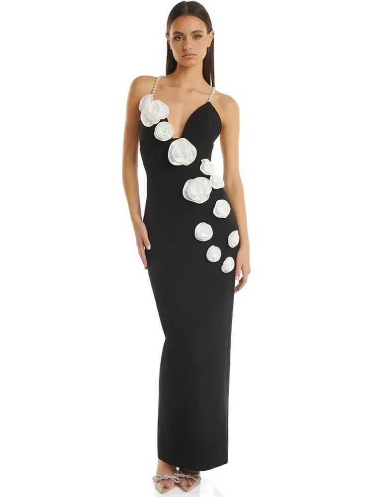 Luxury Designer Black Bandage Dress White Pearl Spaghetti Strap Appliques Deep V Neck Maxi Long Runway Celebrity Evening Gowns
Luxury Designer Black Bandage Dress White Pearl Spaghetti Strap Appliques Deep V Neck Maxi Long Runway Celebrity Evening Gowns