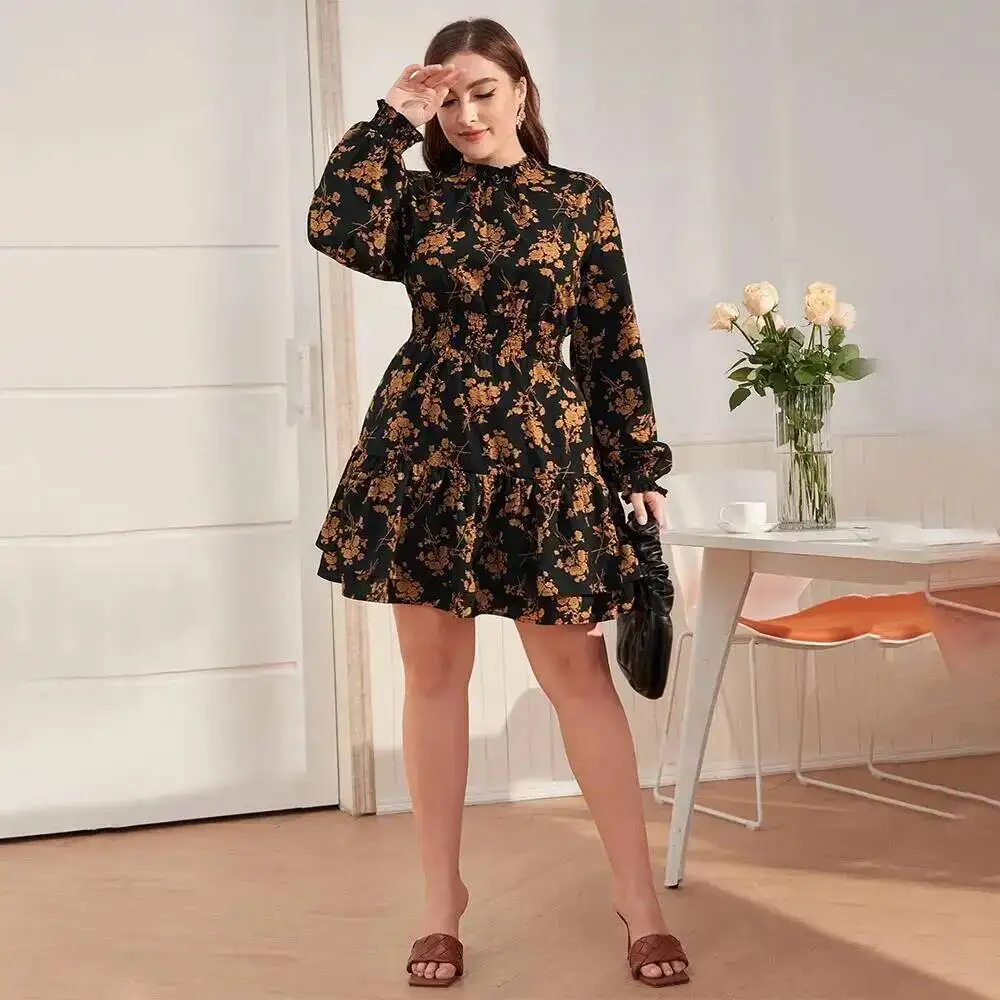 Station Size Plus International Women's High Neck Bubble Sleeve Dress, Autumn and Winter Elegant Ruffle Edge Floral Short Skirt
Station Size Plus International Women's High Neck Bubble Sleeve Dress, Autumn and Winter Elegant Ruffle Edge Floral Short Skirt