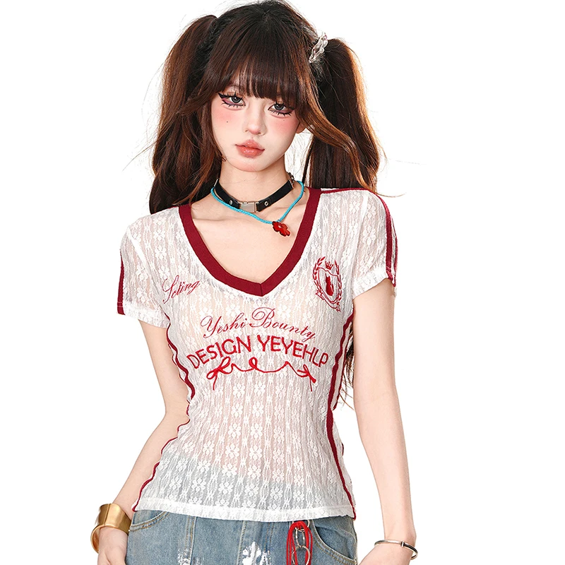 High Quality Hot Selling V-neck Micro Transparent Lace Embroidery T-shirt Women's Short Sleeved Top Y2k Aesthetic Top
High Quality Hot Selling V-neck Micro Transparent Lace Embroidery T-shirt Women's Short Sleeved Top Y2k Aesthetic Top