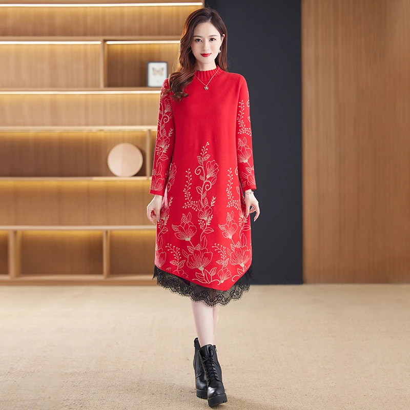 Women Elegant Lace Spliced Fashion Dress Red Jacquard Temperament Casual All-match Pullover Dress
Women Elegant Lace Spliced Fashion Dress Red Jacquard Temperament Casual All-match Pullover Dress